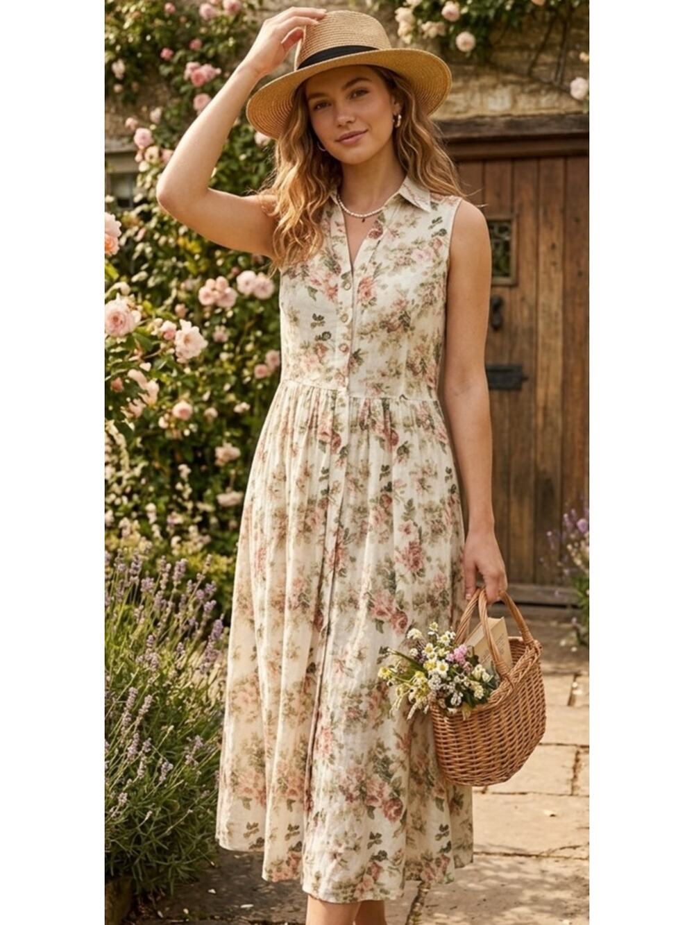 Yuvita Cottagecore Linen Midi Dress